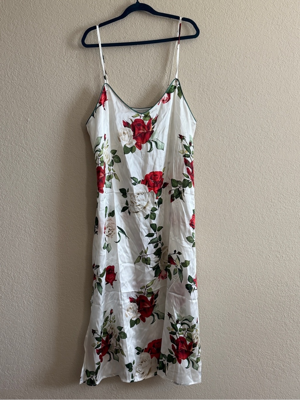 SILKSILKY 100% Silk Floral Rose Print Camisole Slip Dress White Red Medium